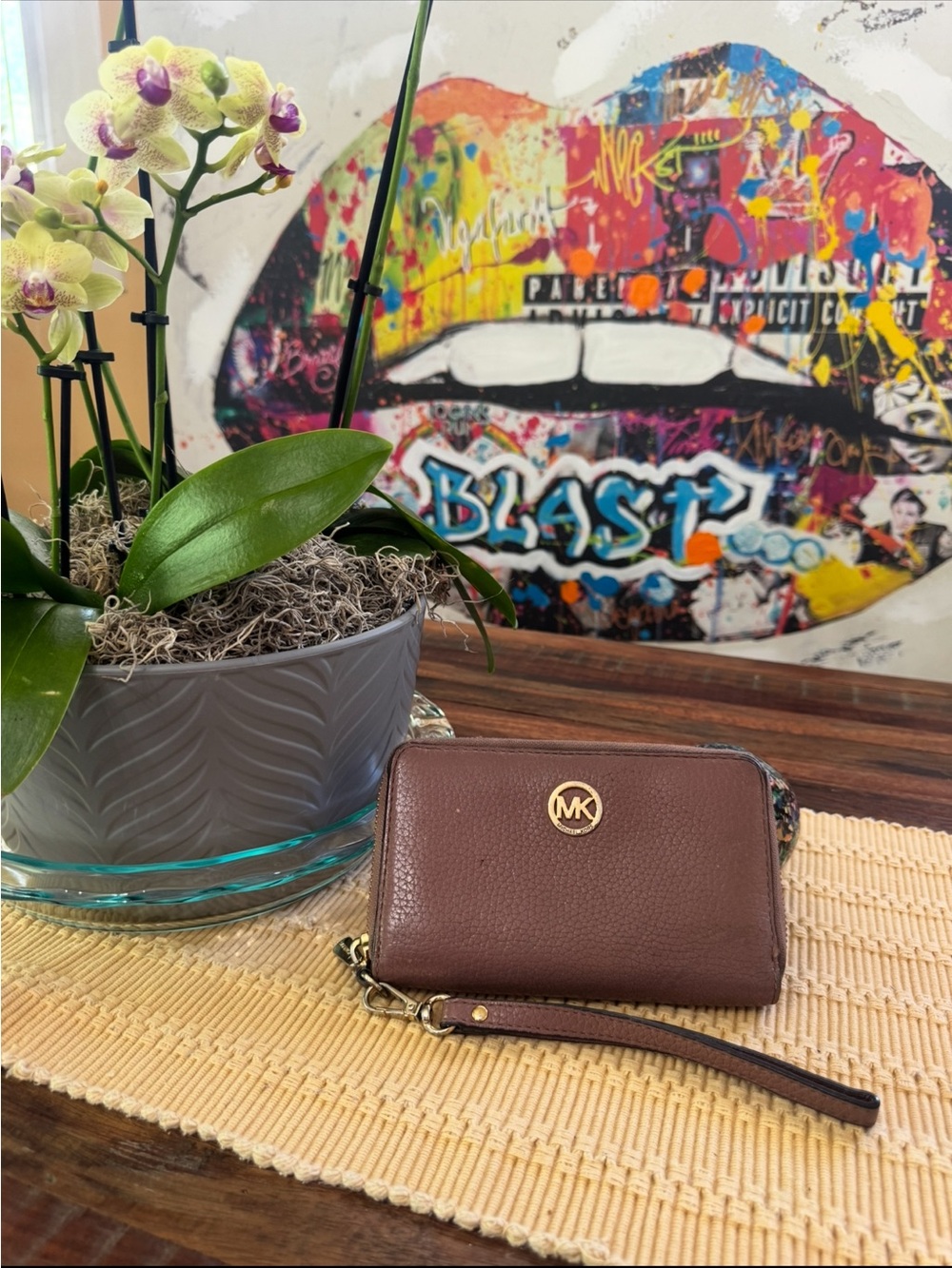 Michael Kors Brown Pebbled Leather Wristlet with Gold Logo